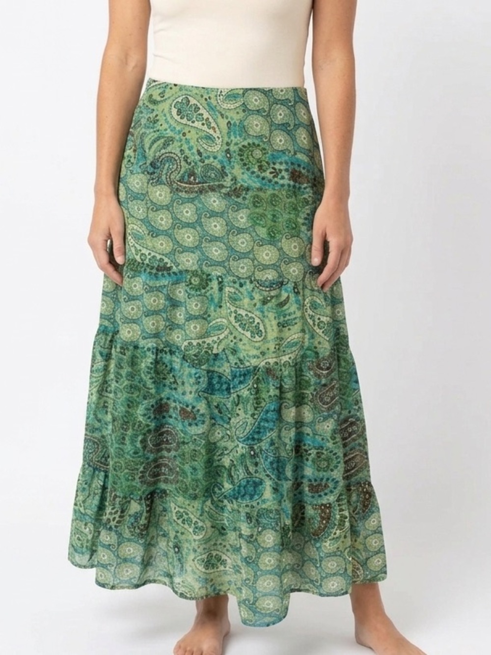 EMMA JAMES Flowy Boho Maxi Skirt Paisley Earthy Summer Spring Sage Green Size 6